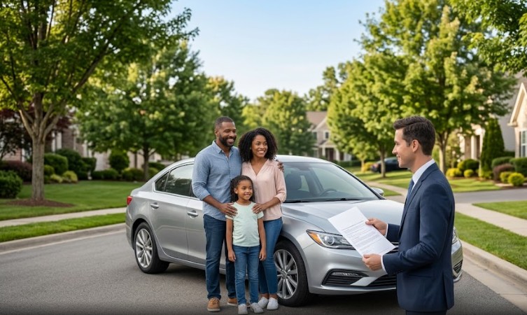 Familia con su carro y un asesor de seguros